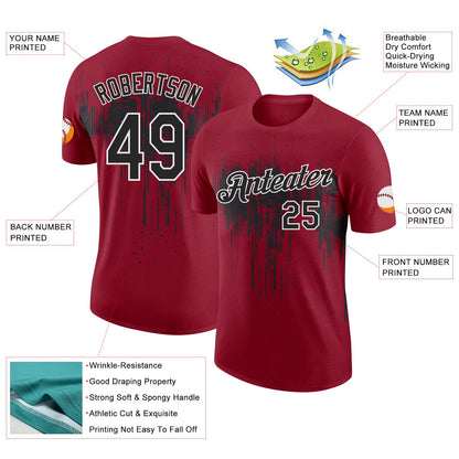 Custom Crimson Black-White Dripping Splatter Paint Performance T-Shirt