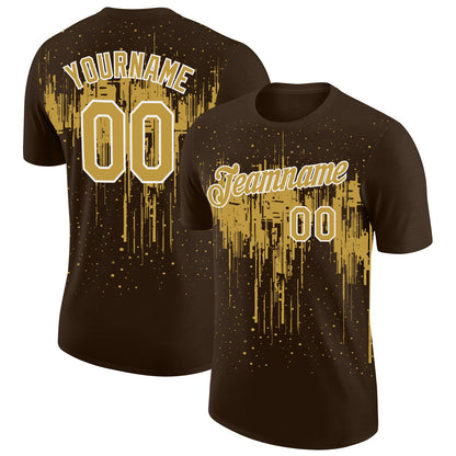 Custom Brown Old Gold-White Dripping Splatter Paint Performance T-Shirt
