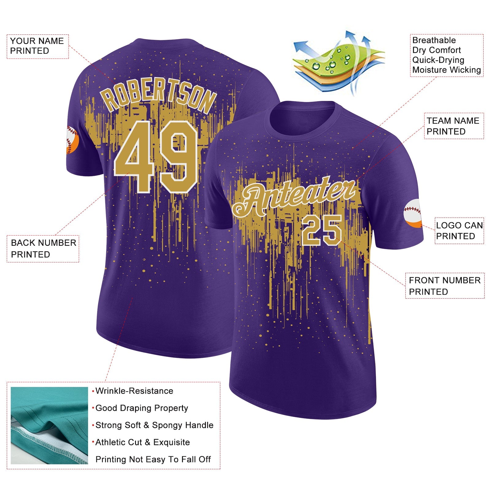 Custom Purple Old Gold-White Dripping Splatter Paint Performance T-Shirt