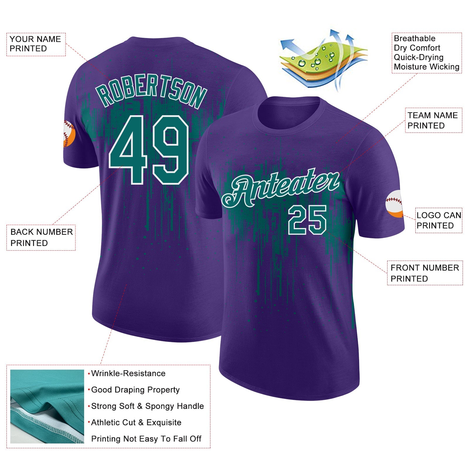 Custom Purple Teal-White Dripping Splatter Paint Performance T-Shirt