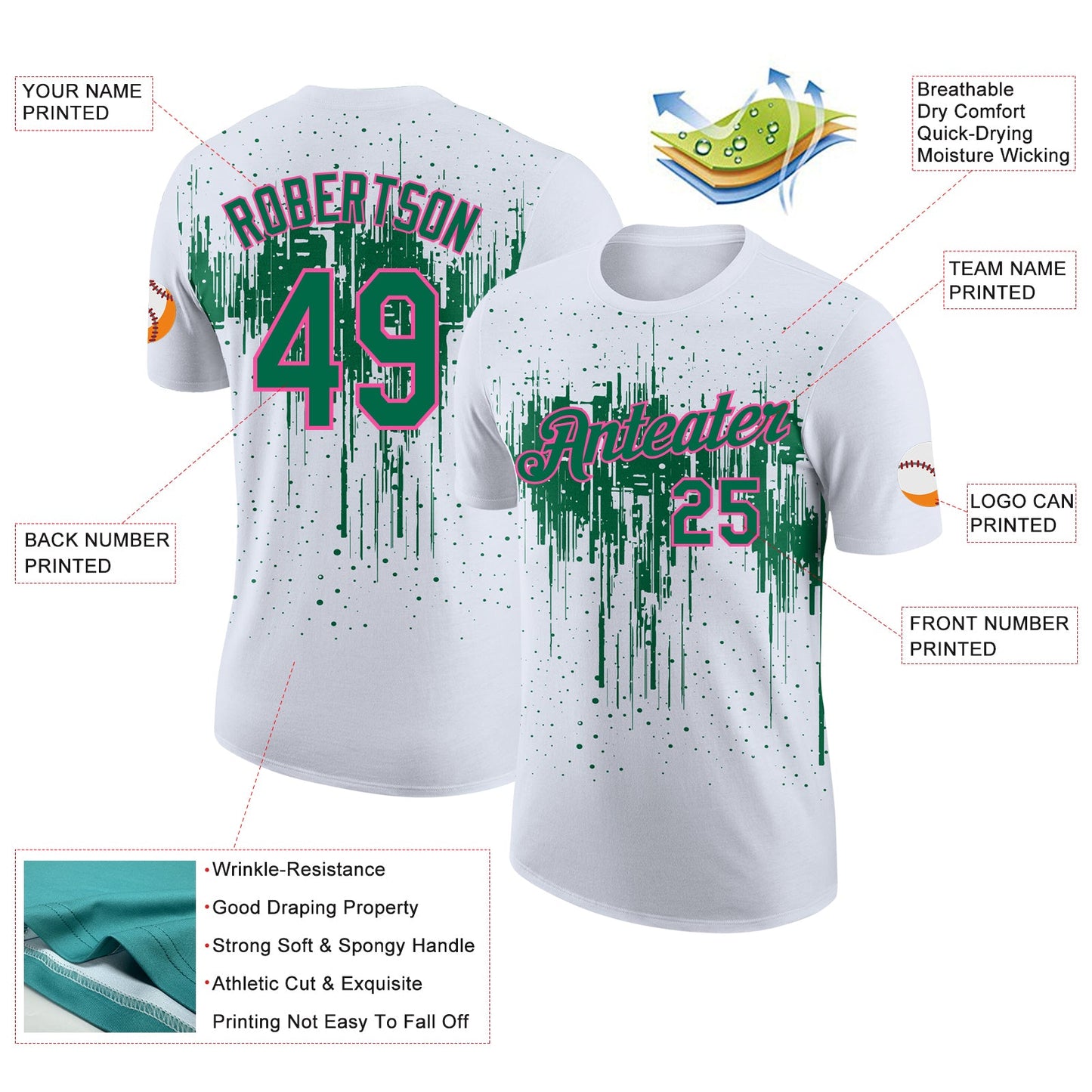 Custom White Kelly Green-Pink Dripping Splatter Paint Performance T-Shirt
