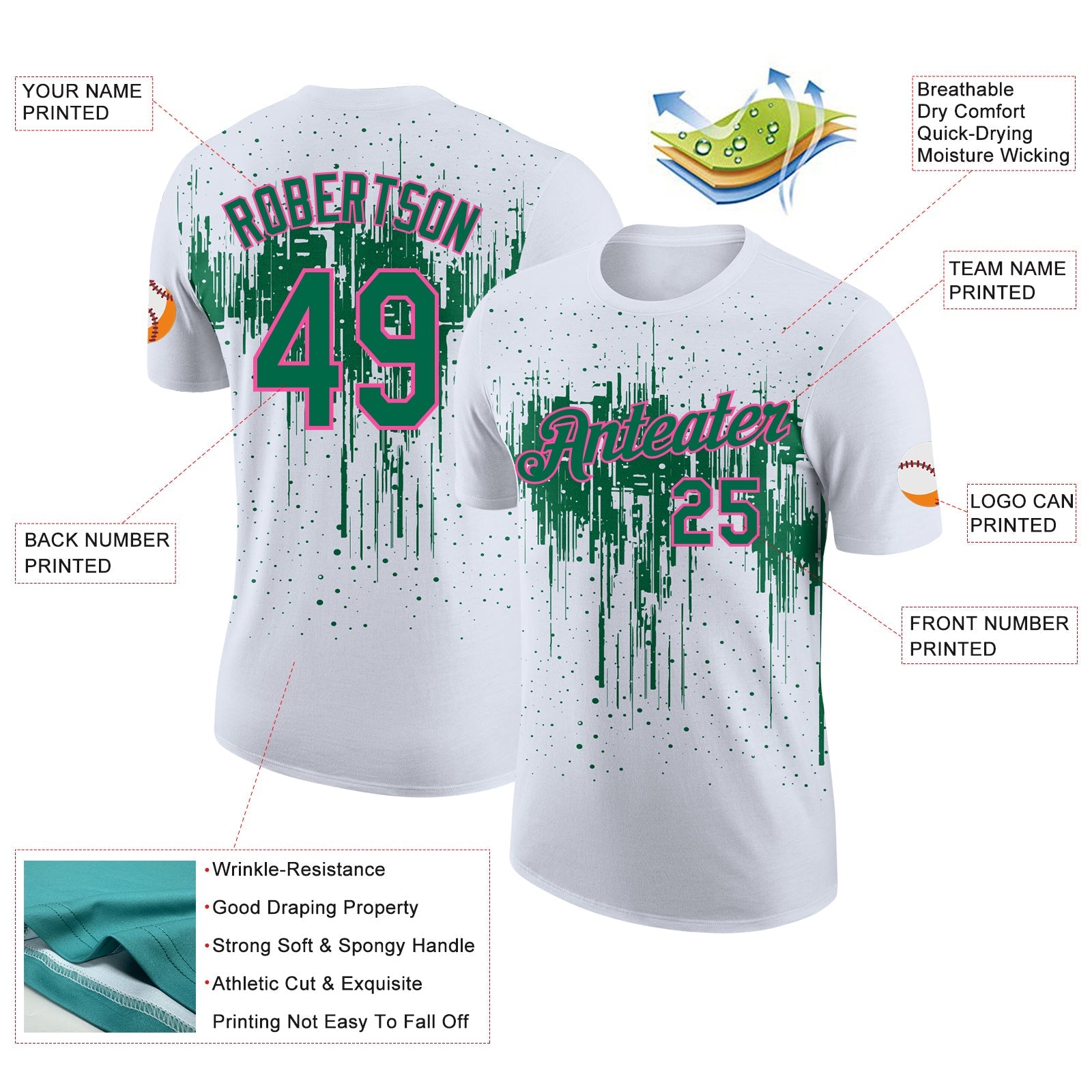 Custom White Kelly Green-Pink Dripping Splatter Paint Performance T-Shirt