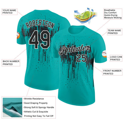 Custom Aqua Black-White Dripping Splatter Paint Performance T-Shirt