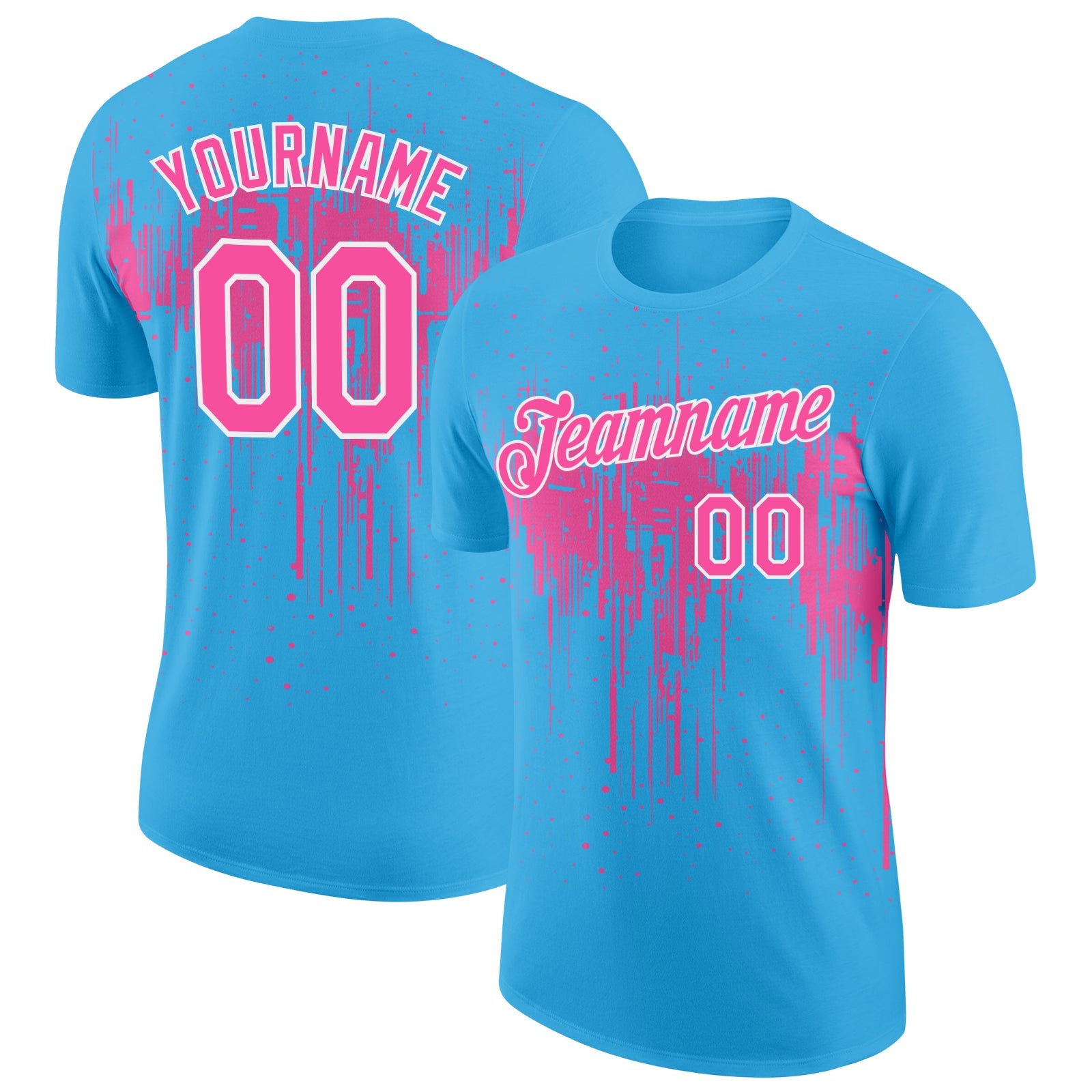 Custom Sky Blue Pink-White Dripping Splatter Paint Performance T-Shirt