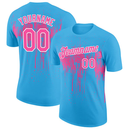 Custom Sky Blue Pink-White Dripping Splatter Paint Performance T-Shirt