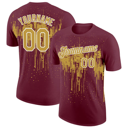 Custom Burgundy Old Gold-White Dripping Splatter Paint Performance T-Shirt