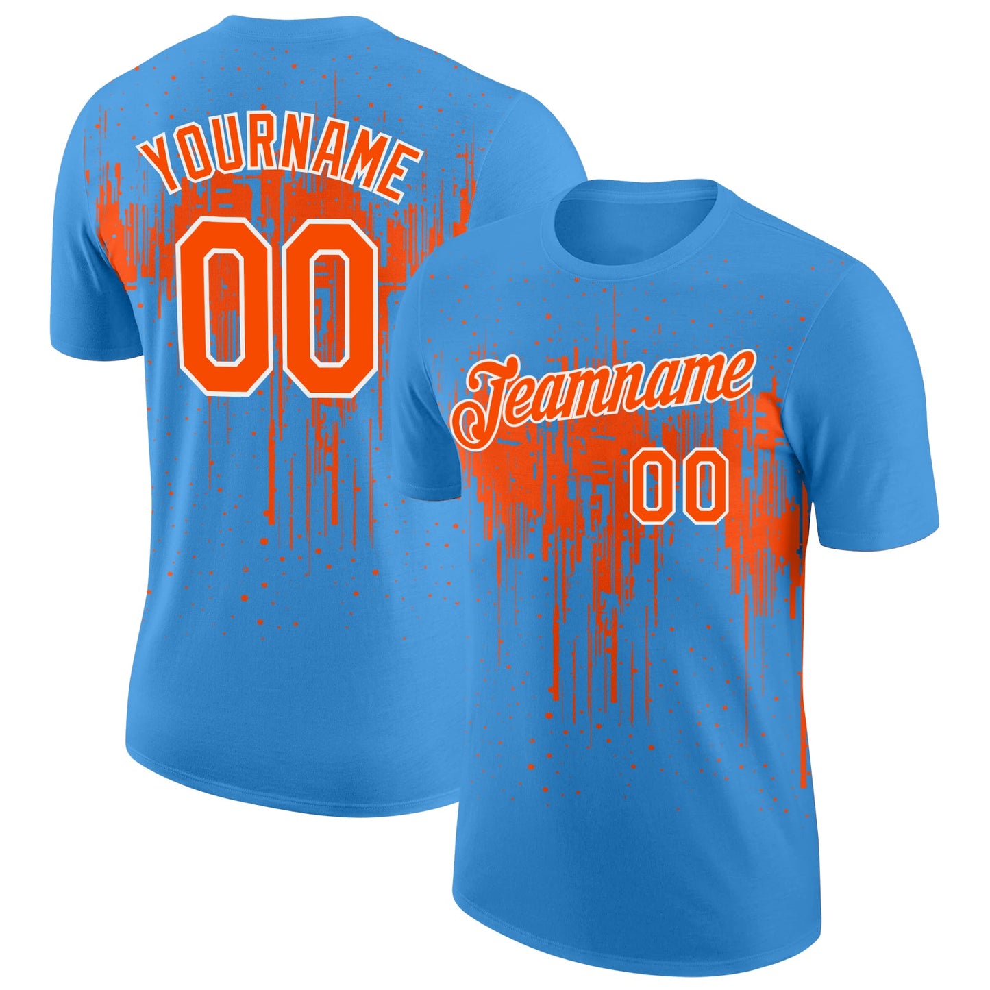 Custom Powder Blue Orange-White Dripping Splatter Paint Performance T-Shirt