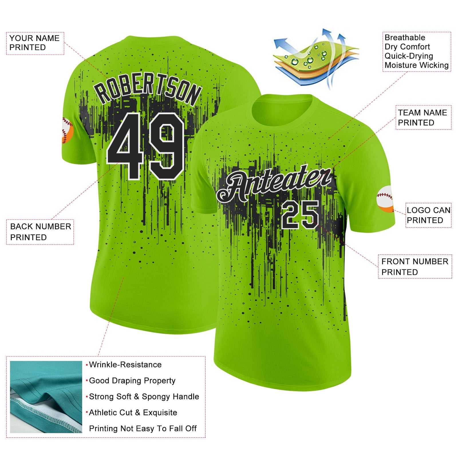 Custom Neon Green Black-White Dripping Splatter Paint Performance T-Shirt