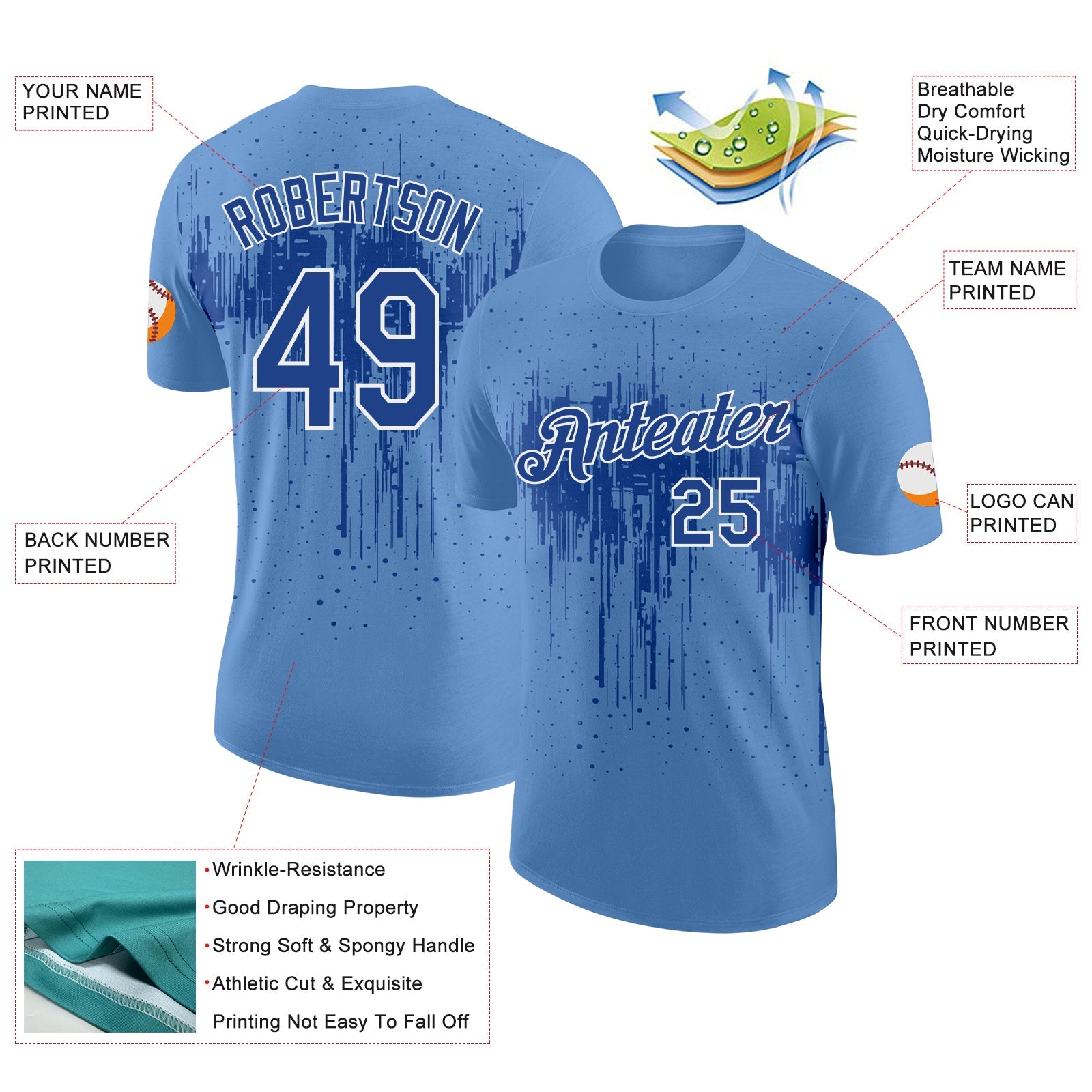 Custom Light Blue Royal-White Dripping Splatter Paint Performance T-Shirt