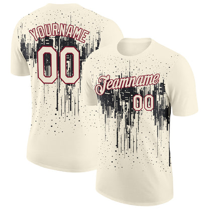Custom Cream Black-Crimson Dripping Splatter Paint Performance T-Shirt