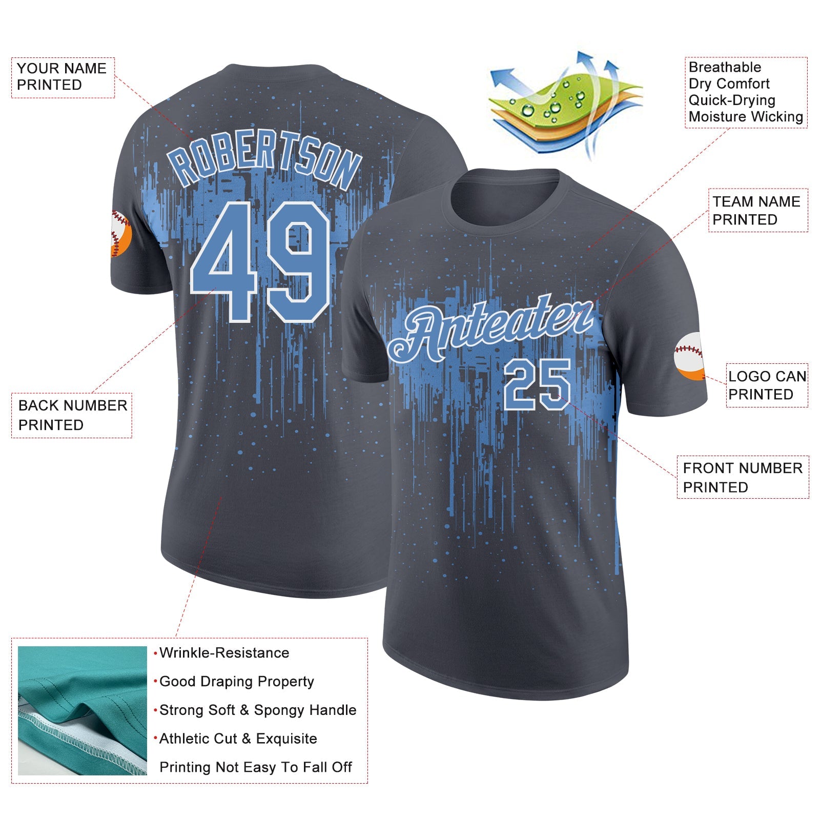 Custom Steel Gray Light Blue-White Dripping Splatter Paint Performance T-Shirt