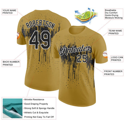 Custom Old Gold Black-White Dripping Splatter Paint Performance T-Shirt