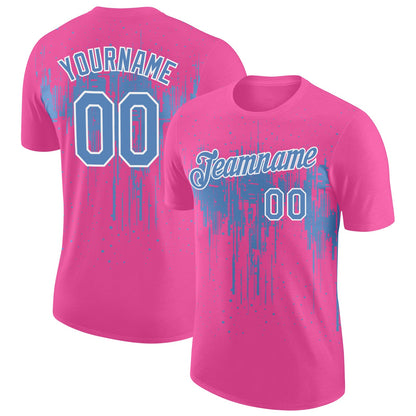Custom Pink Light Blue-White Dripping Splatter Paint Performance T-Shirt