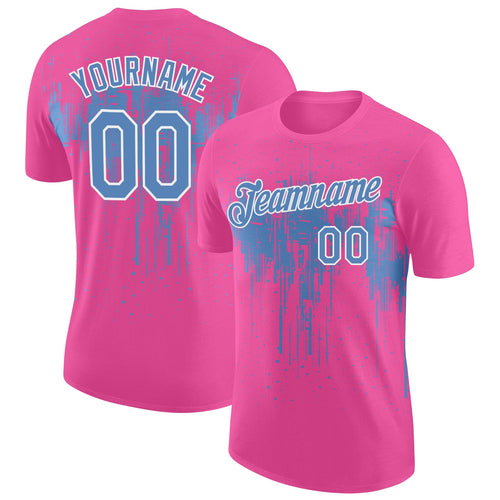 Custom Pink Light Blue-White Dripping Splatter Paint Performance T-Shirt