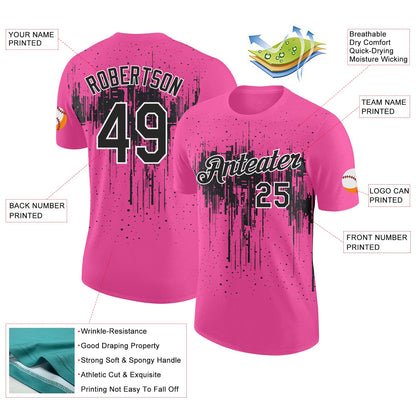 Custom Pink Black-White Dripping Splatter Paint Performance T-Shirt
