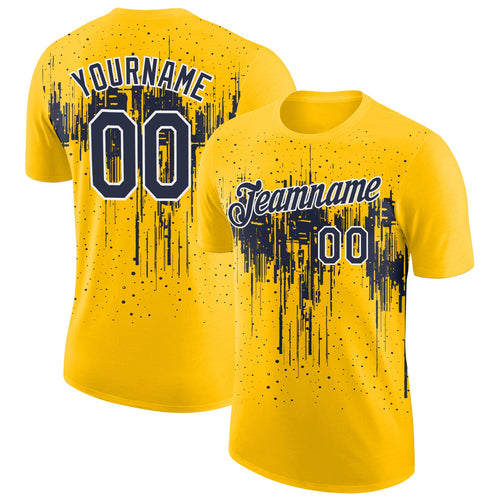 Custom Yellow Navy-White Dripping Splatter Paint Performance T-Shirt