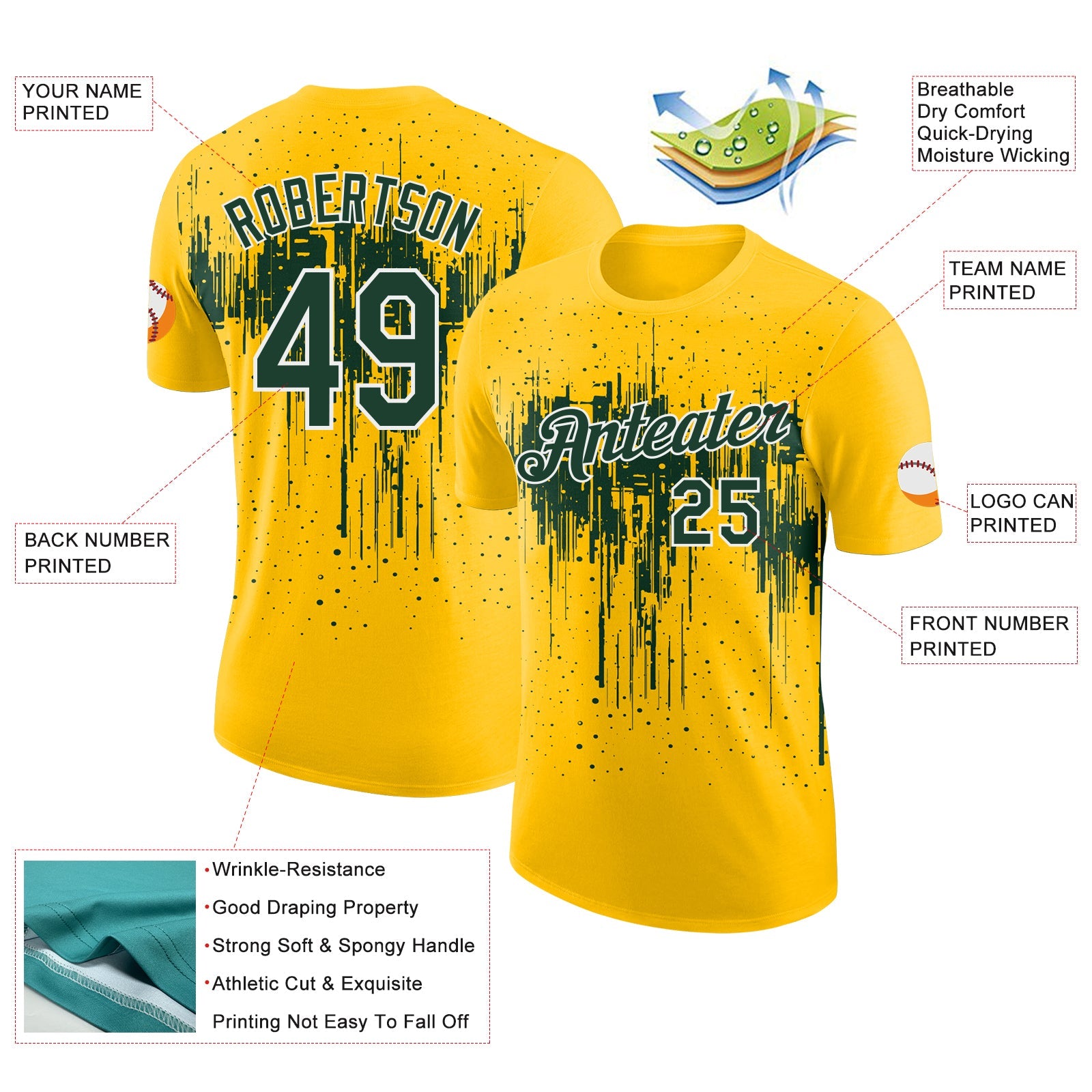 Custom Yellow Green-White Dripping Splatter Paint Performance T-Shirt