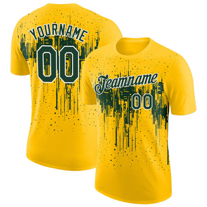 Custom Yellow Green-White Dripping Splatter Paint Performance T-Shirt