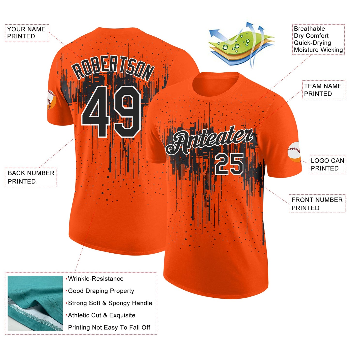 Custom Orange Black-White Dripping Splatter Paint Performance T-Shirt
