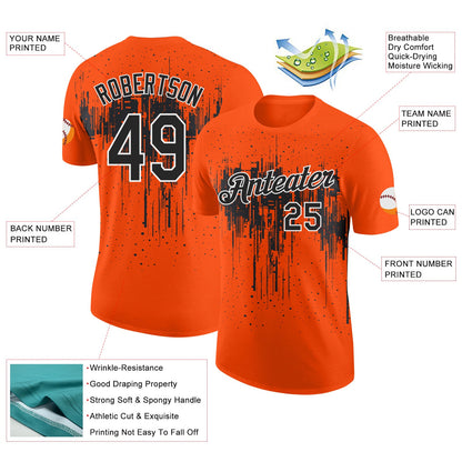 Custom Orange Black-White Dripping Splatter Paint Performance T-Shirt