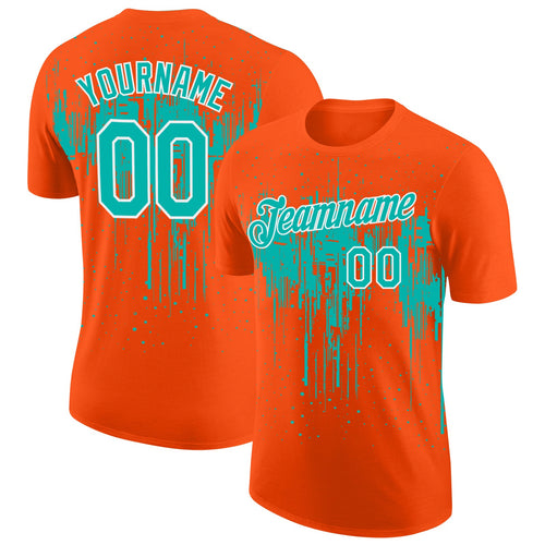 Custom Orange Aqua-White Dripping Splatter Paint Performance T-Shirt