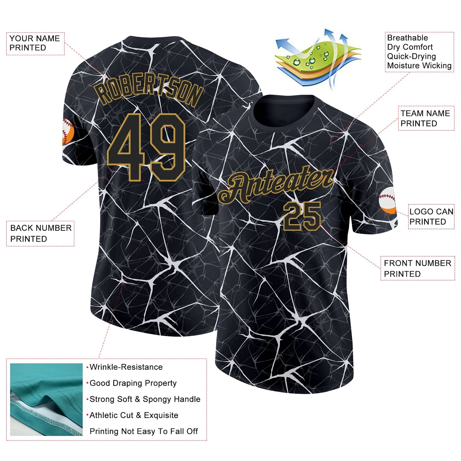 Custom Black White Gray-Old Gold Abstract Network Crackle Performance T-Shirt