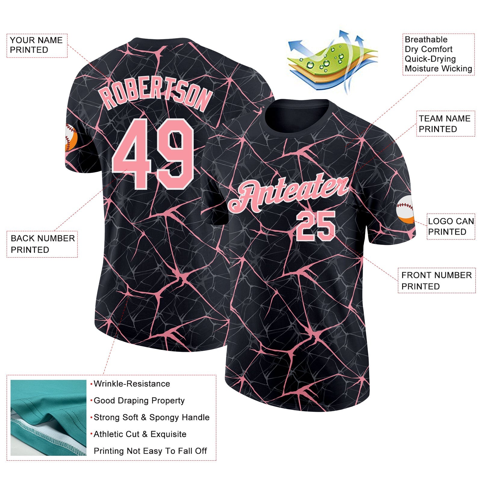 Custom Black Medium Pink Gray-White Abstract Network Crackle Performance T-Shirt