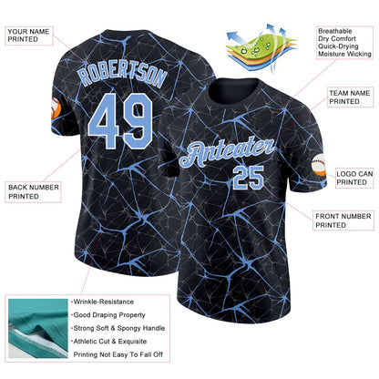 Custom Black Powder Blue Gray-White Abstract Network Crackle Performance T-Shirt