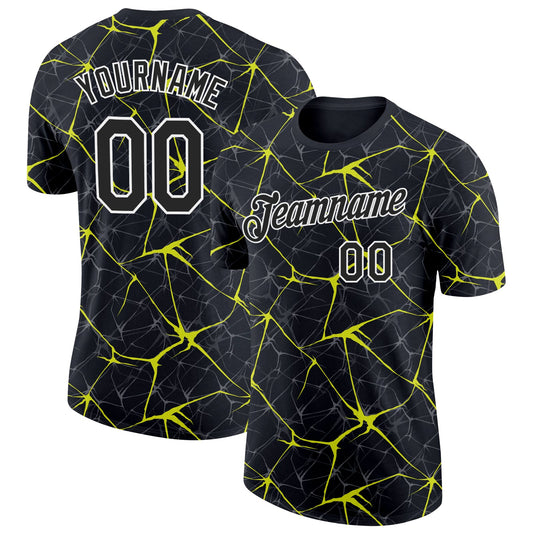 Custom Black Neon Yellow Gray-White Abstract Network Crackle Performance T-Shirt