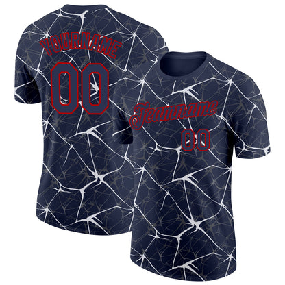 Custom Navy White Gray-Red Abstract Network Crackle Performance T-Shirt