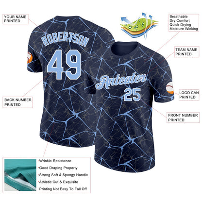Custom Navy Light Blue Gray-White Abstract Network Crackle Performance T-Shirt