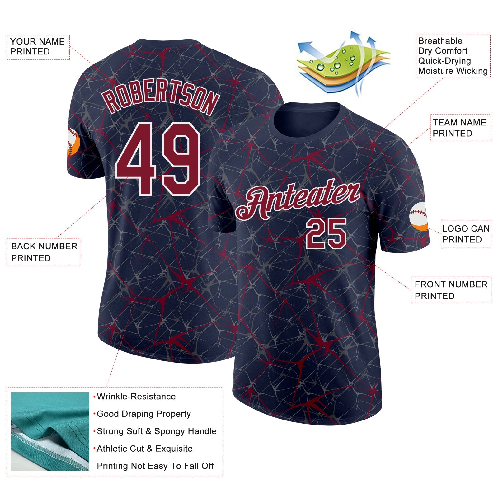 Custom Navy Crimson Gray-White Abstract Network Crackle Performance T-Shirt