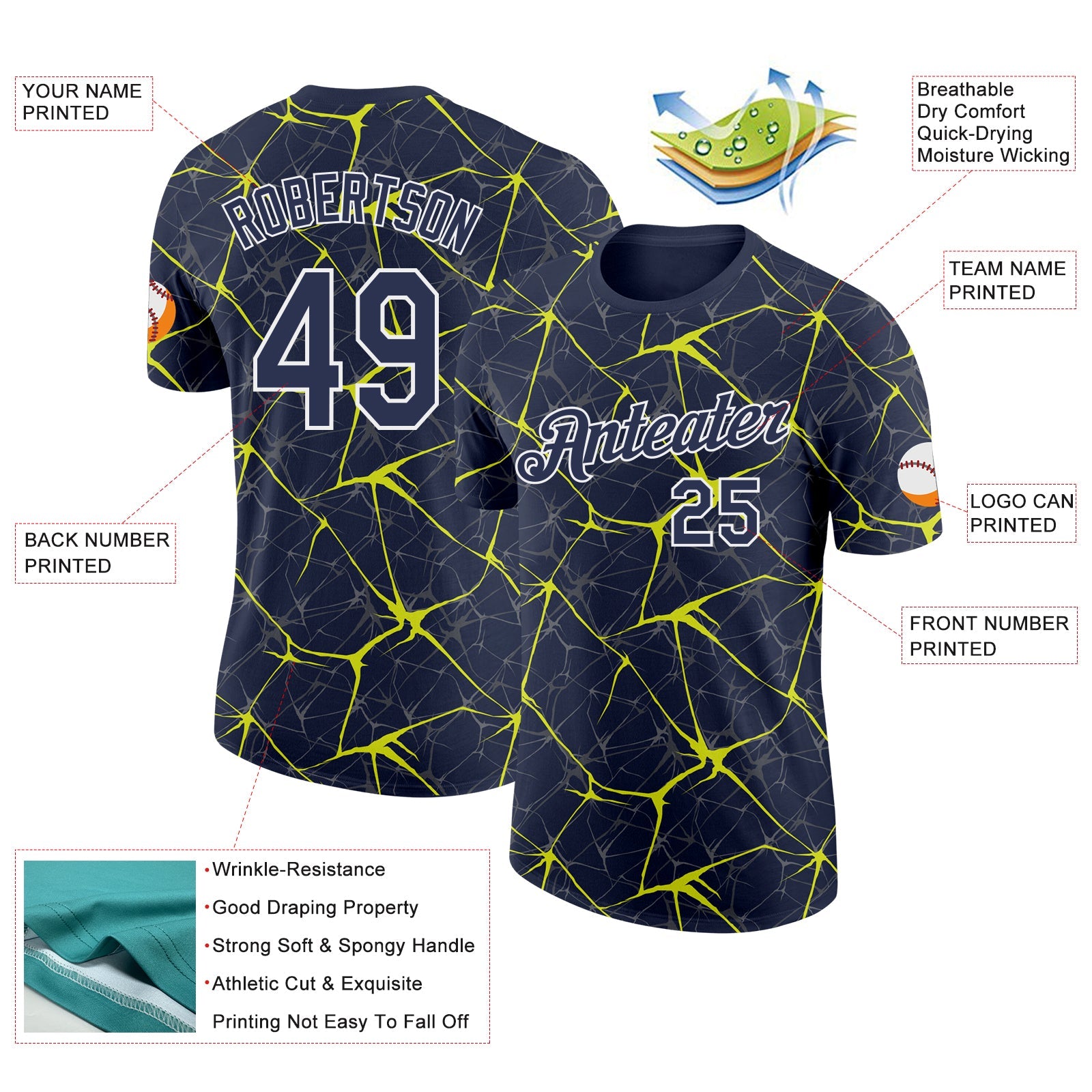 Custom Navy Neon Yellow Gray-White Abstract Network Crackle Performance T-Shirt