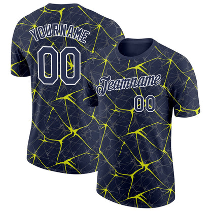 Custom Navy Neon Yellow Gray-White Abstract Network Crackle Performance T-Shirt