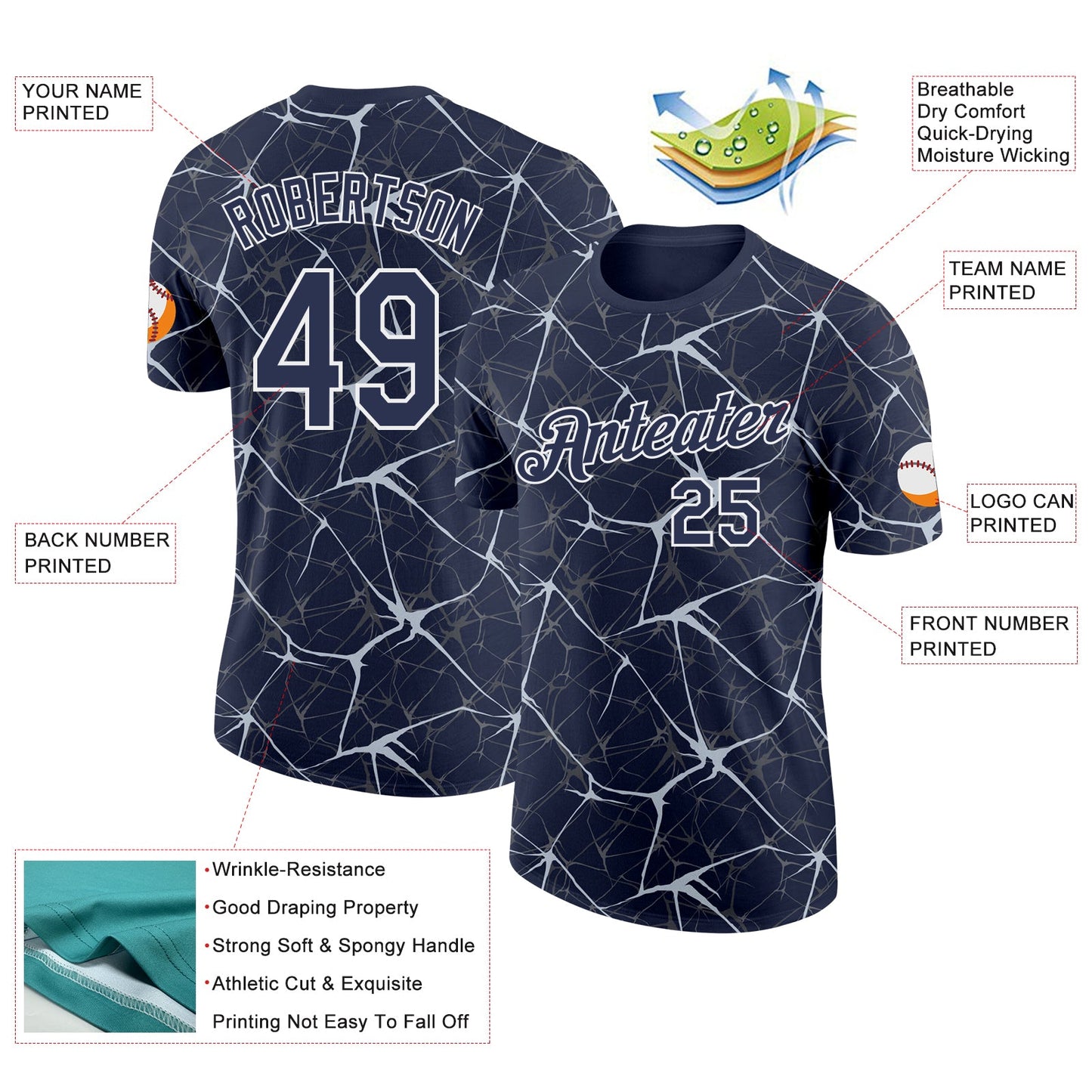 Custom Navy Silver Gray-White Abstract Network Crackle Performance T-Shirt