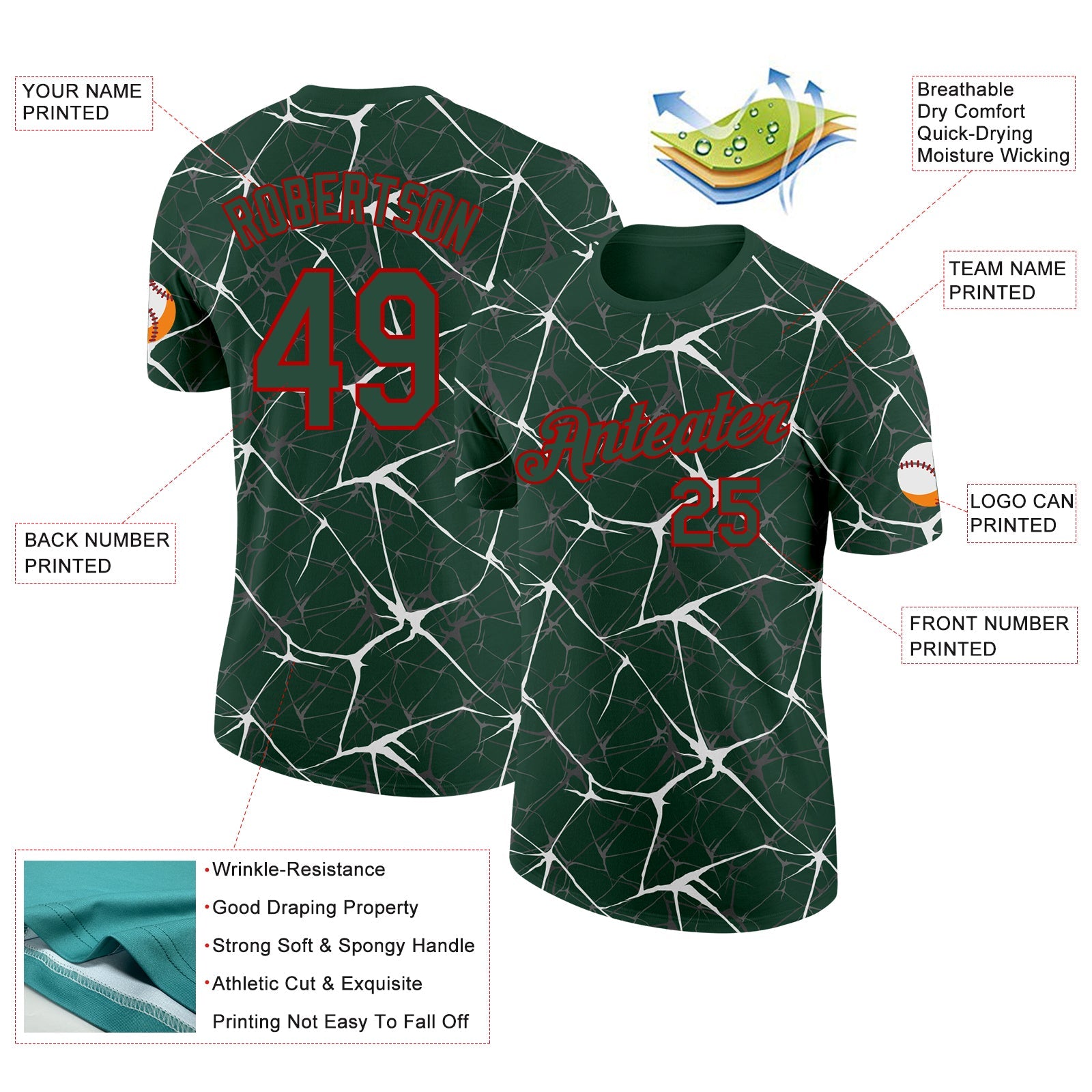 Custom Green White Gray-Red Abstract Network Crackle Performance T-Shirt