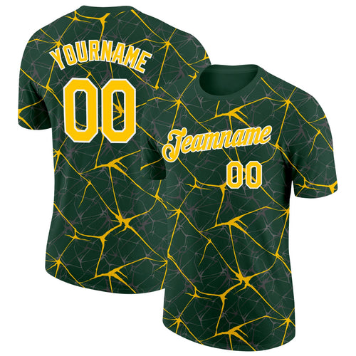 Custom Green Yellow Gray-White Abstract Network Crackle Performance T-Shirt