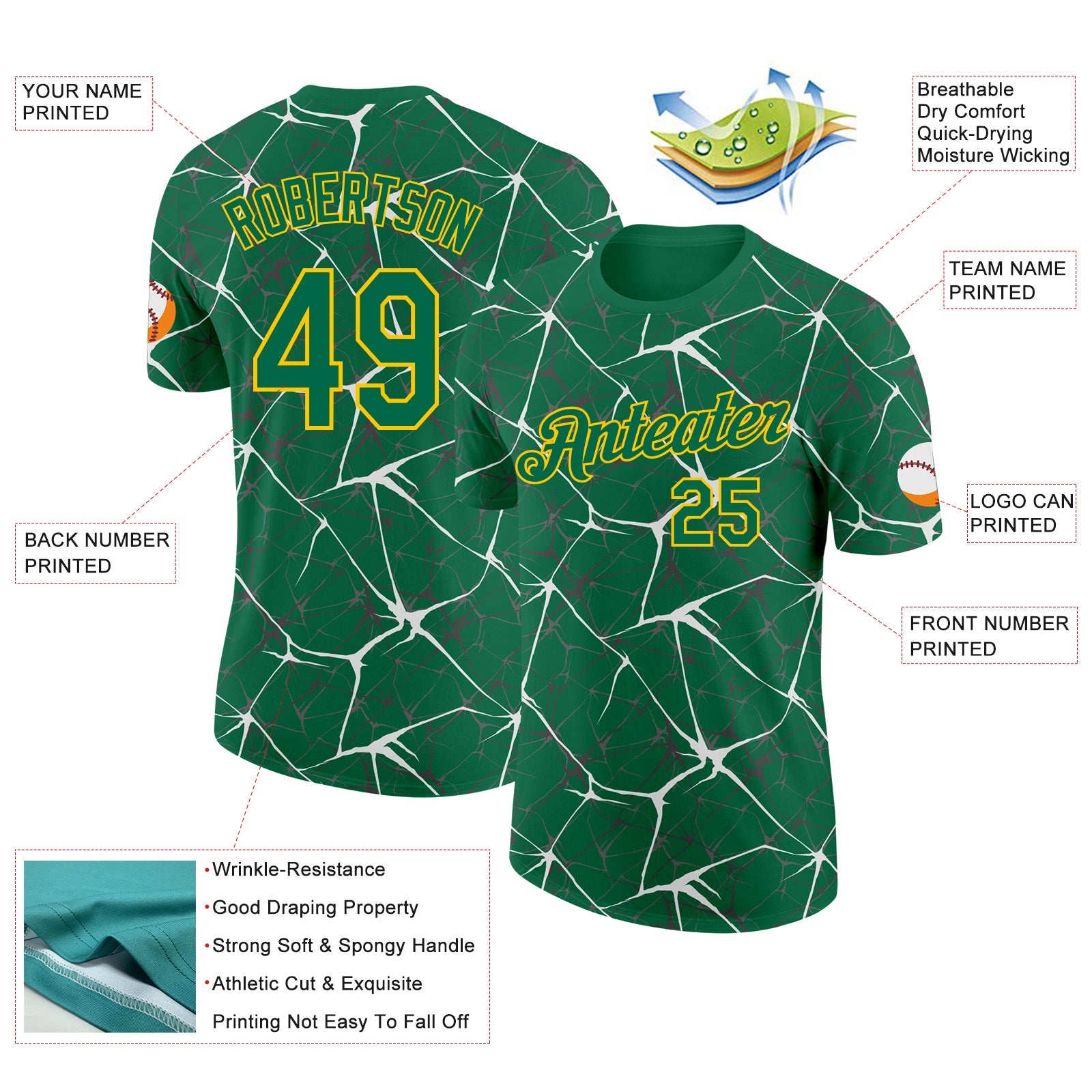 Custom Kelly Green White Gray-Yellow Abstract Network Crackle Performance T-Shirt