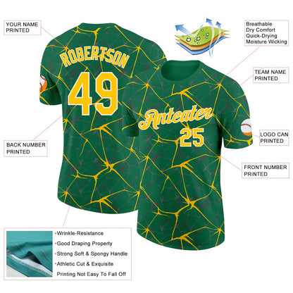 Custom Kelly Green Yellow Gray-White Abstract Network Crackle Performance T-Shirt