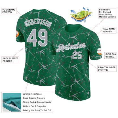 Custom Kelly Green Gray-White Abstract Network Crackle Performance T-Shirt