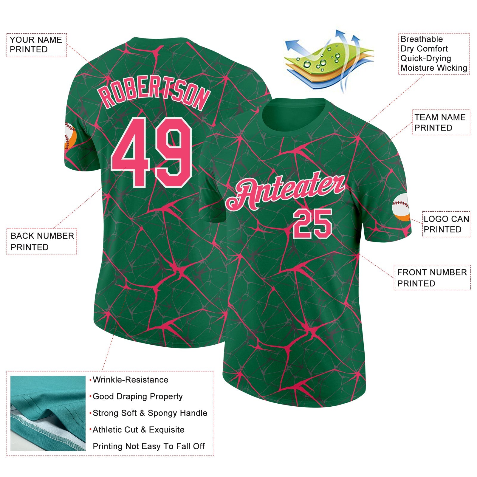 Custom Kelly Green Neon Pink Gray-White Abstract Network Crackle Performance T-Shirt