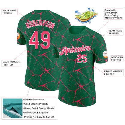 Custom Kelly Green Neon Pink Gray-White Abstract Network Crackle Performance T-Shirt