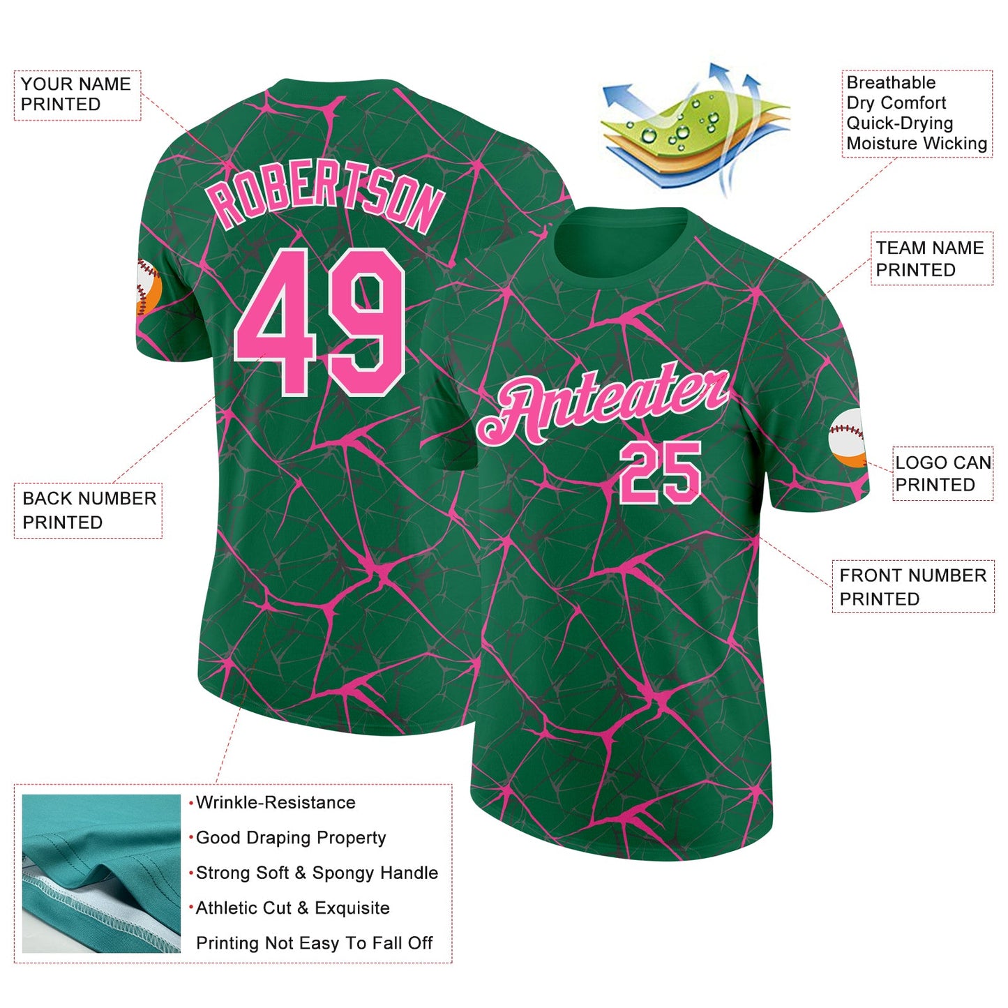 Custom Kelly Green Pink Gray-White Abstract Network Crackle Performance T-Shirt