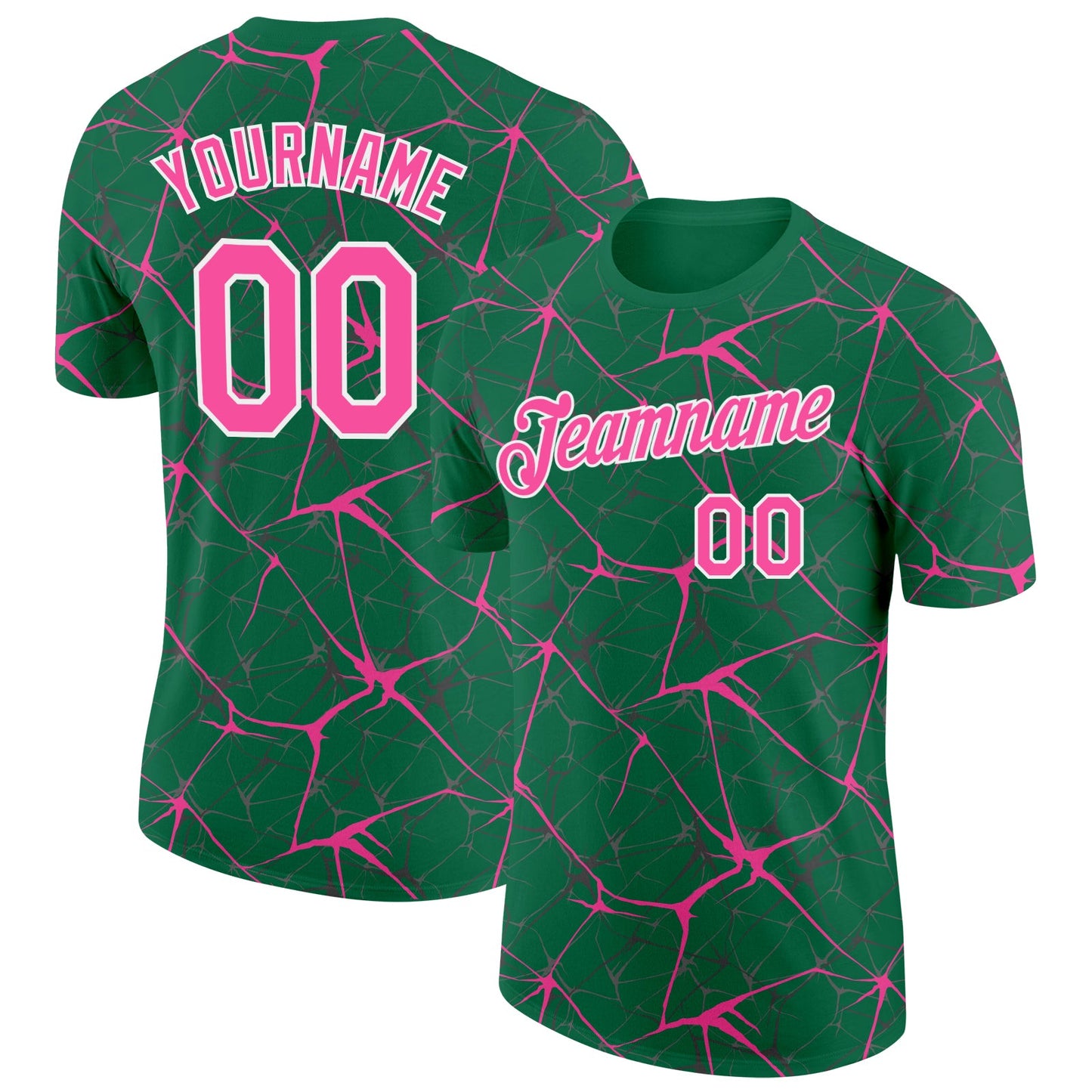 Custom Kelly Green Pink Gray-White Abstract Network Crackle Performance T-Shirt