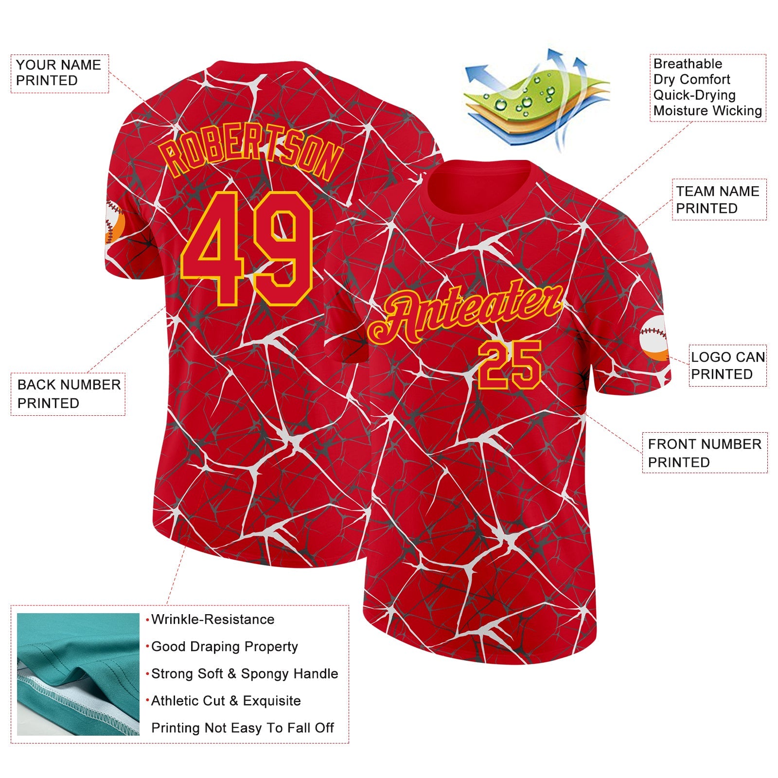 Custom Red White Gray-Yellow Abstract Network Crackle Performance T-Shirt
