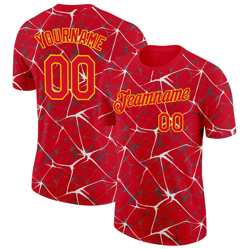 Custom Red White Gray-Yellow Abstract Network Crackle Performance T-Shirt