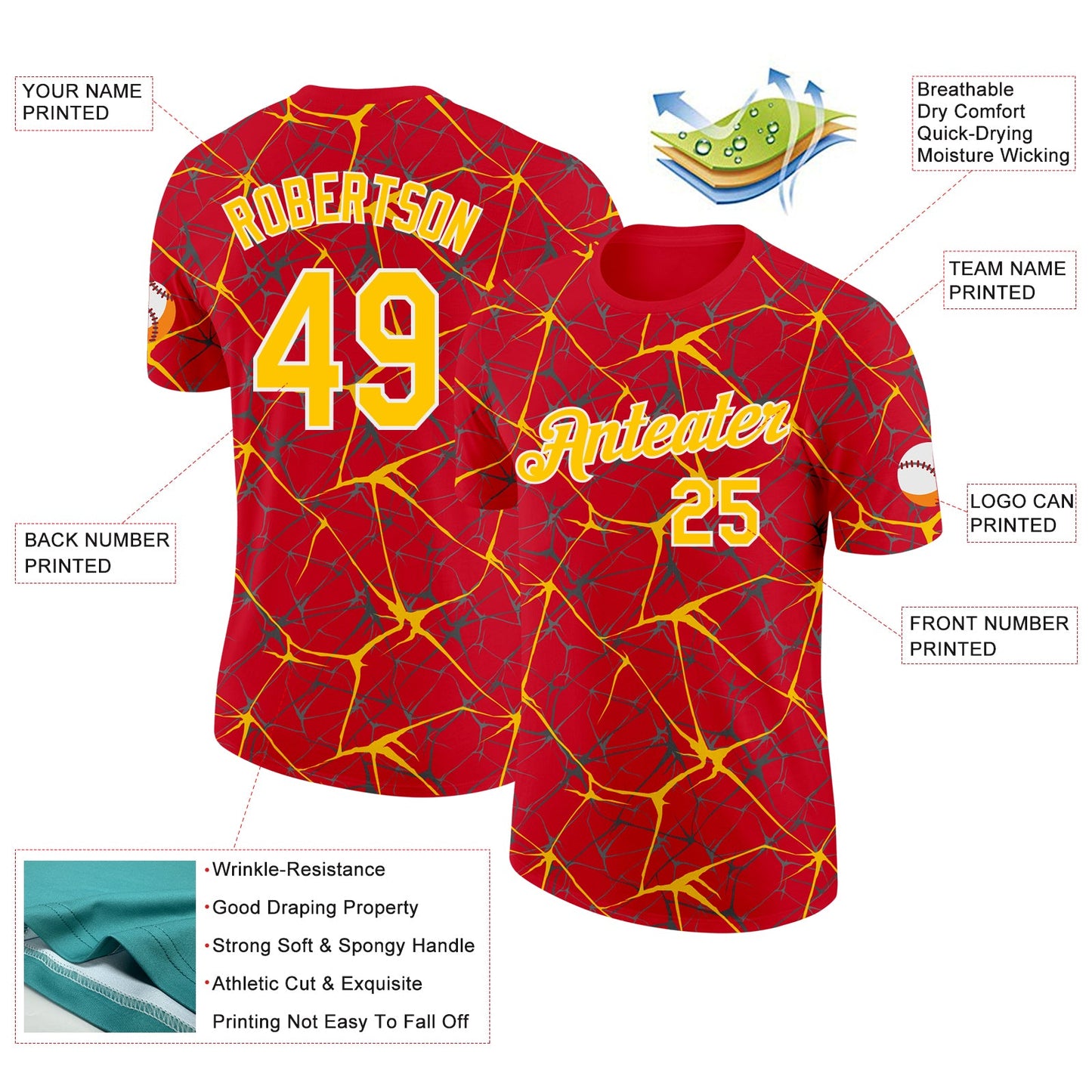 Custom Red Yellow Gray-White Abstract Network Crackle Performance T-Shirt
