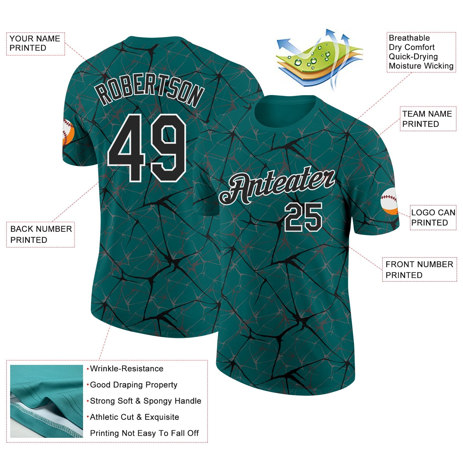 Custom Teal Black Gray-White Abstract Network Crackle Performance T-Shirt