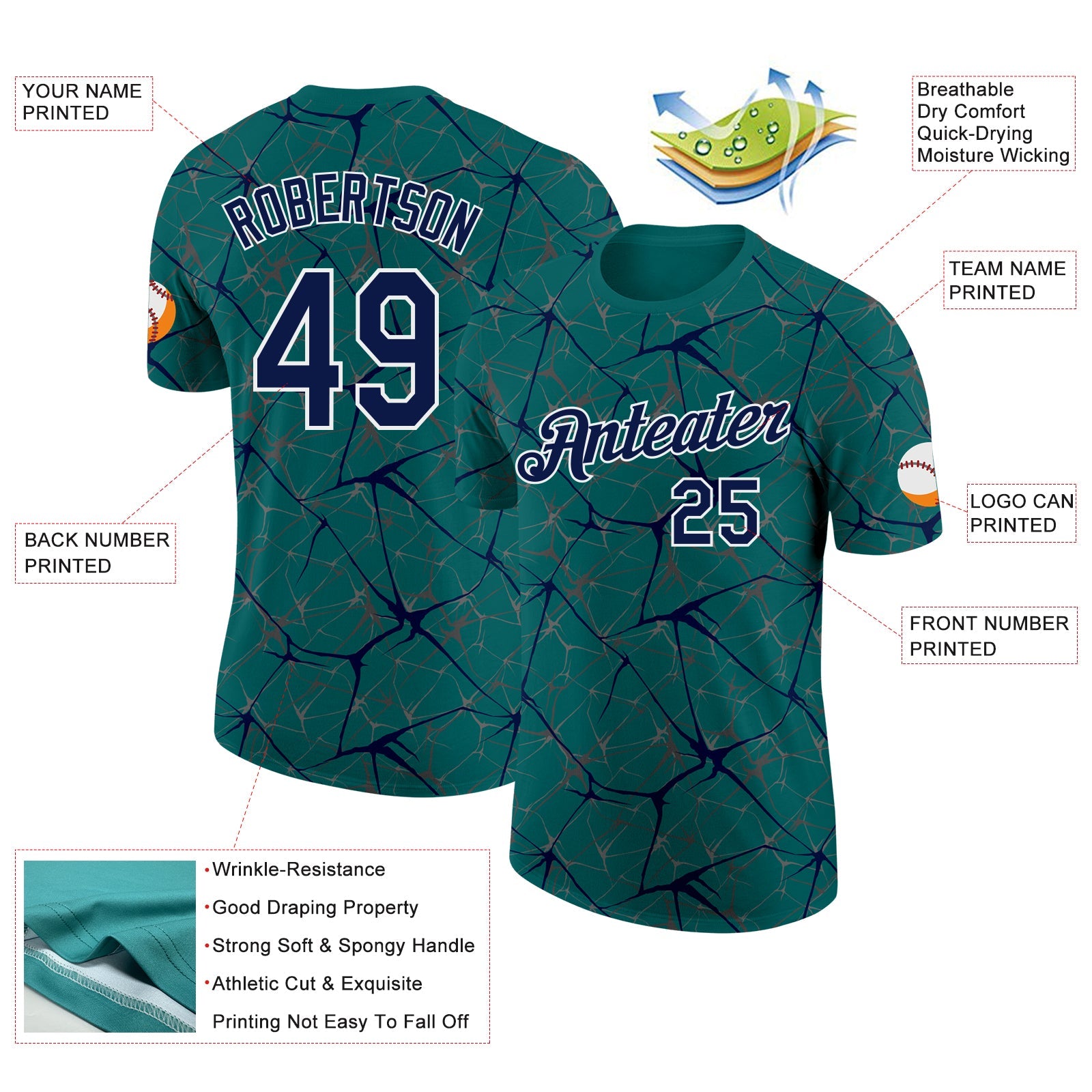 Custom Teal Navy Gray-White Abstract Network Crackle Performance T-Shirt