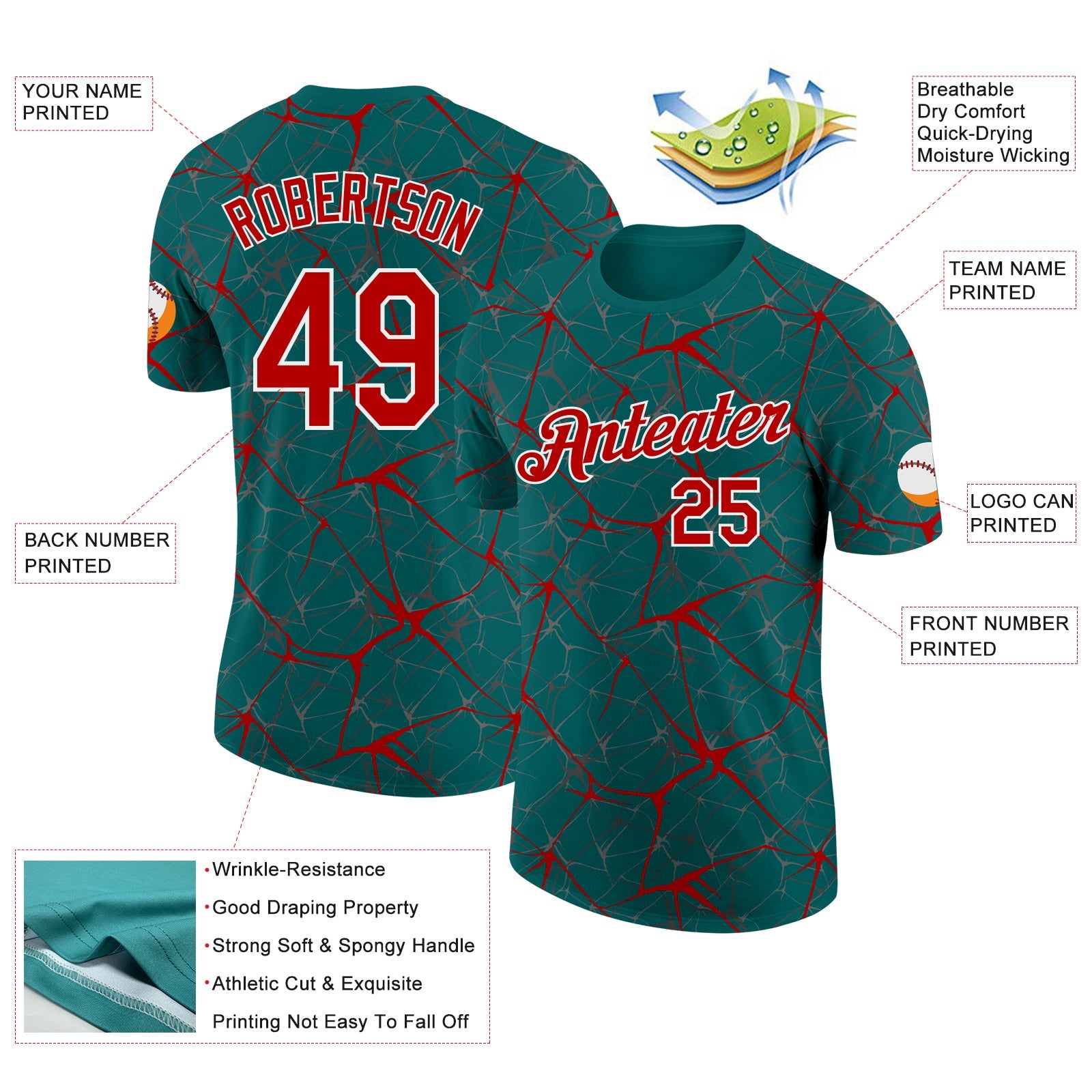Custom Teal Red Gray-White Abstract Network Crackle Performance T-Shirt